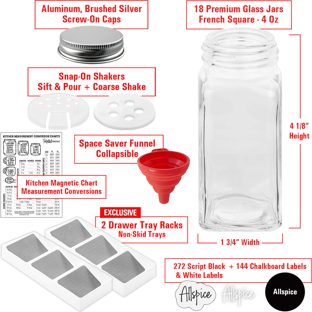 14 Pcs Glass Spice Jars, 4oz Empty Square Spice Bottles with Shaker Lids  and Airtight Metal Caps - 350 Spice Labels and Silicone Collapsible Funnel