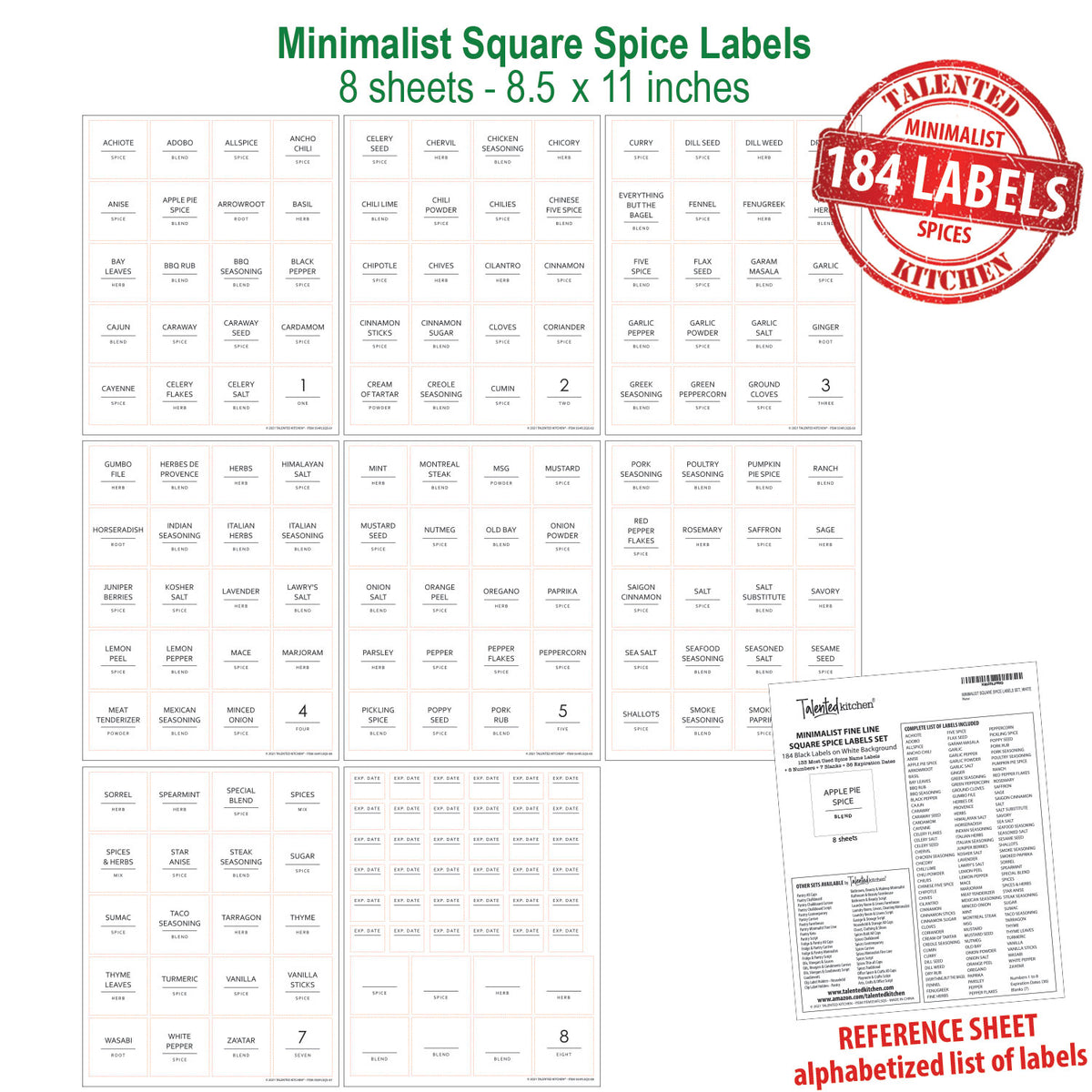 113 Alphabetized Spice Label System: 96 Spice Names + 17 Blank Labels by Talented Kitchen. Clear PVC Sticker and Black Lettering. Preprinted Spice