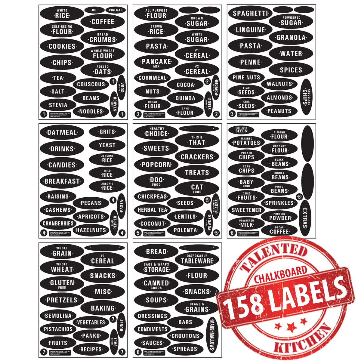 X-Chef 140 Kitchen Pantry Labels, 10x10 Black Chalkboard Stickers and 2x20  Clear Preprinted Pantry Labels