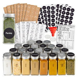 Talented Kitchen 24 Pack Glass Spice Bottles with 413 Preprinted Label Stickers, 4 oz Empty Square Seasoning Jars with Shaker Lids & Silver Airtight Caps