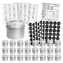 Load image into Gallery viewer, Talented Kitchen Magnetic Spice Jars for Refrigerator - 3oz Metal Spice Containers with Sift-and-Pour Lids (24 Magnet Spice Jars, 269 Preprinted Labels, 2 Label Styles)