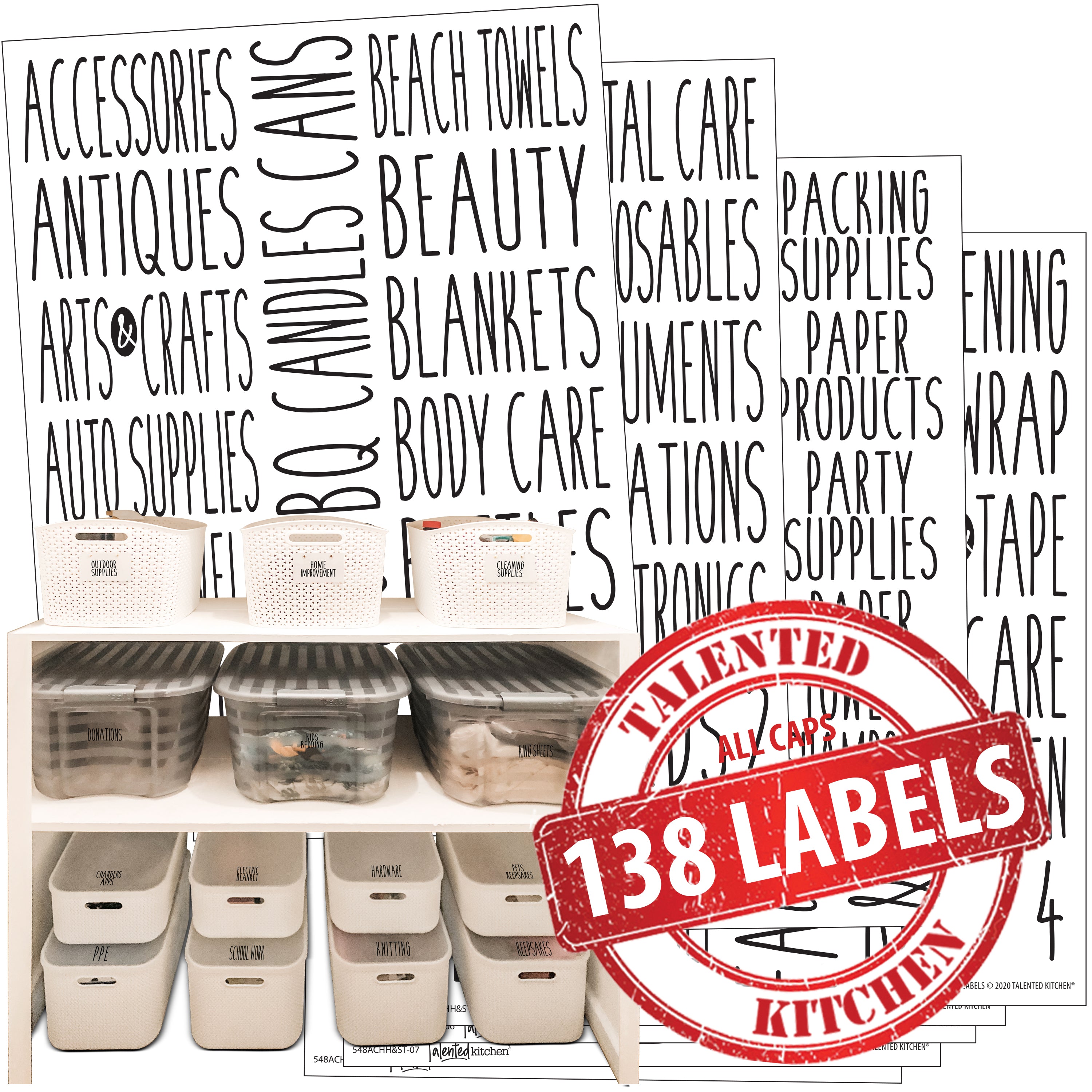 Talented Kitchen 138 Farmhouse Laundry Labels for Jars, Containers -  Preprinted Bold All-Caps Household Stickers for Linen Closet, Bathroom,  Home