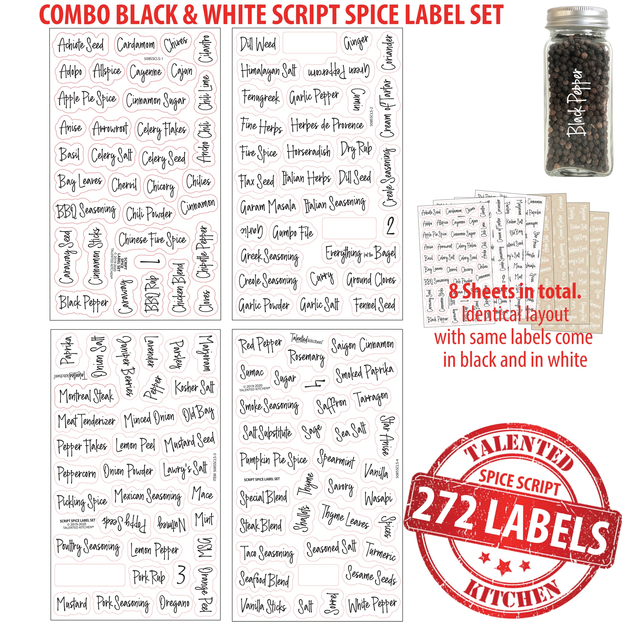 Talented Kitchen 272 Spice Labels Stickers, Clear Spice Jar Labels Preprinted - White