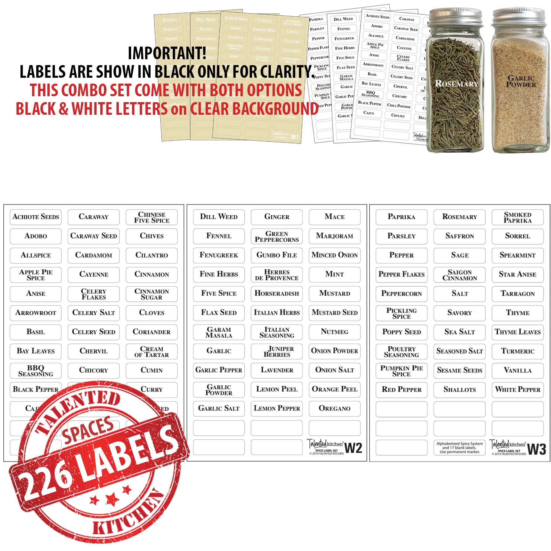 113 Alphabetized Spice Label System: 96 Spice Names + 17 Blank Labels by Talented Kitchen. Clear PVC Sticker and Black Lettering. Preprinted Spice