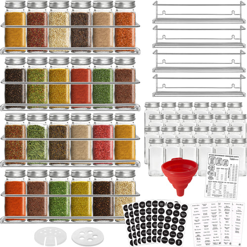Talented Kitchen 24 Pack Glass Spice Bottles with 284 Preprinted Label  Stickers, 4 oz Empty Square Seasoning Jars with Shaker Lids & Gold Caps