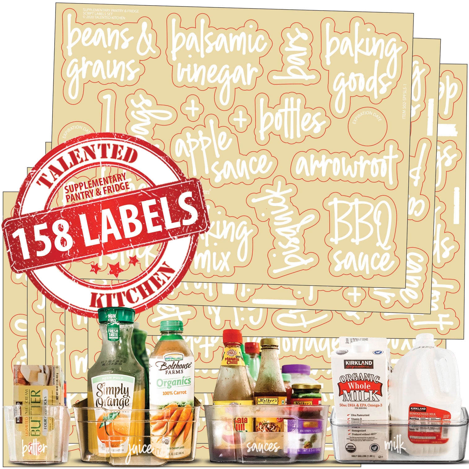 158 White Script Kitchen Pantry Labels for Food Containers, Clear Removable Stickers for Fridge Organization, Freezer, Jar Storage