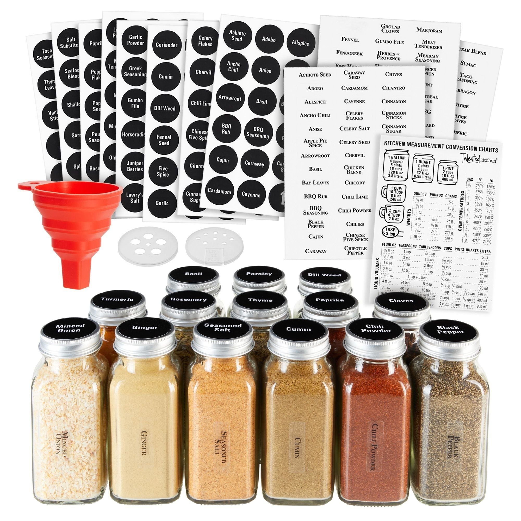 Talented Kitchen 14 Pcs Large 6 oz Glass Spice Jars with Labels and Sh