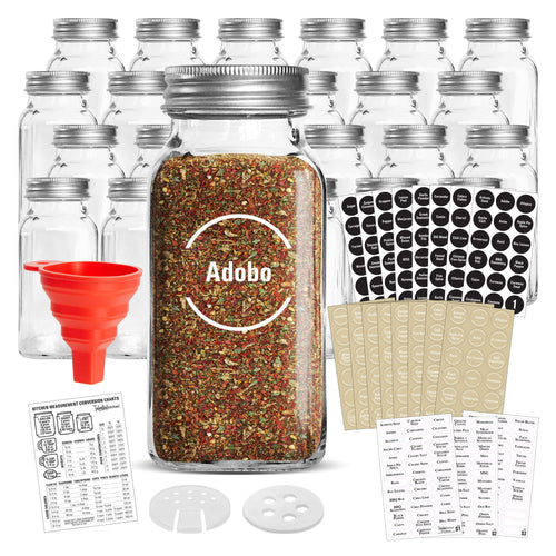 Talented Kitchen 24 Glass 6 oz Spice Jars with Lids and Labels, Large Glass Spice Jars with Shaker Lids, Sift/Pour, Course Shakers, Clear and Chalkboard Style Stickers