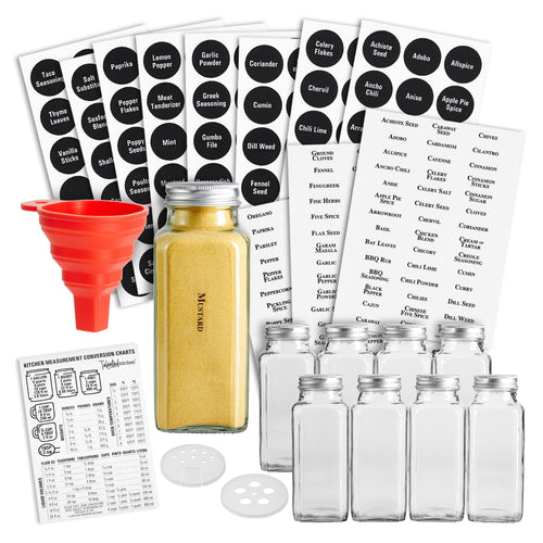 Talented Kitchen 8 Pack Large Glass Spice Bottles with 239 Preprinted Label Stickers, 8 Ounce Empty Square Seasoning Jars with Shaker Lids & Silver Airtight Caps